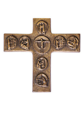 Wandkreuz aus Bronze "Die sieben Werke der Barmherzigkeit"