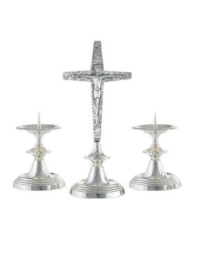 Altar-Kreuz-Leuchter-Garnitur versilbert und schutzlackiert