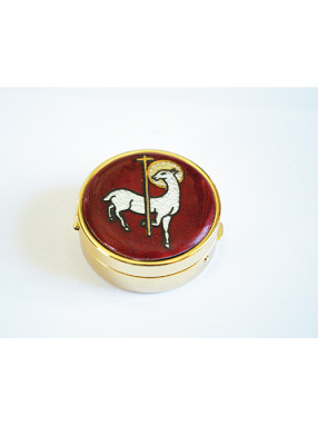 Pyxis mit lamm auf rotem Grund