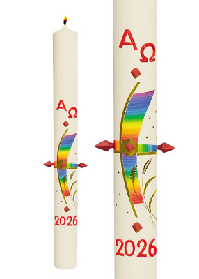 Osterkerze mit Regenbogenkreuz