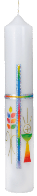 Personalisierbare Kommunionkerze in Regenbogenoptik